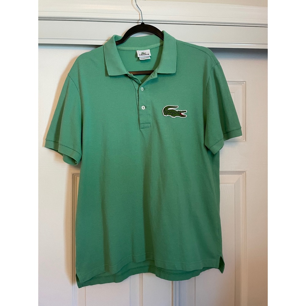 Lacoste Mens Big Croc Logo Pique Polo Shirt Green Short Sleeve Size 5 Preppy